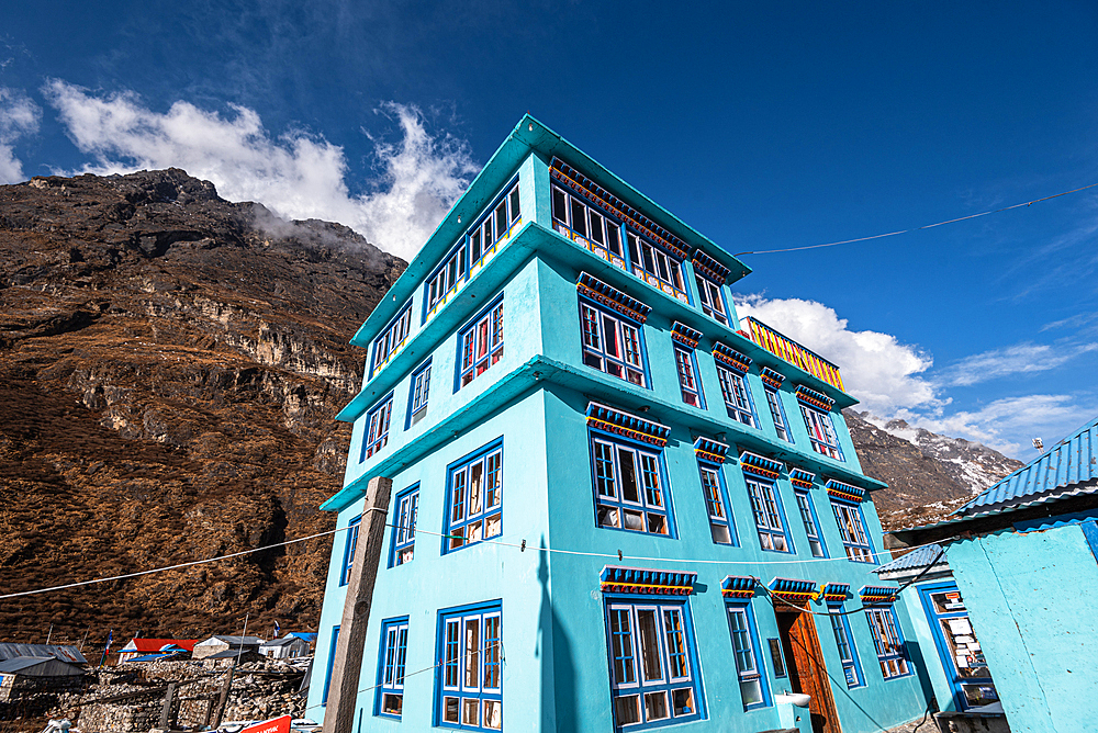 Turquoise hotel and mountain lodge of Lang Tang village, Himalayas, Nepal, Asia