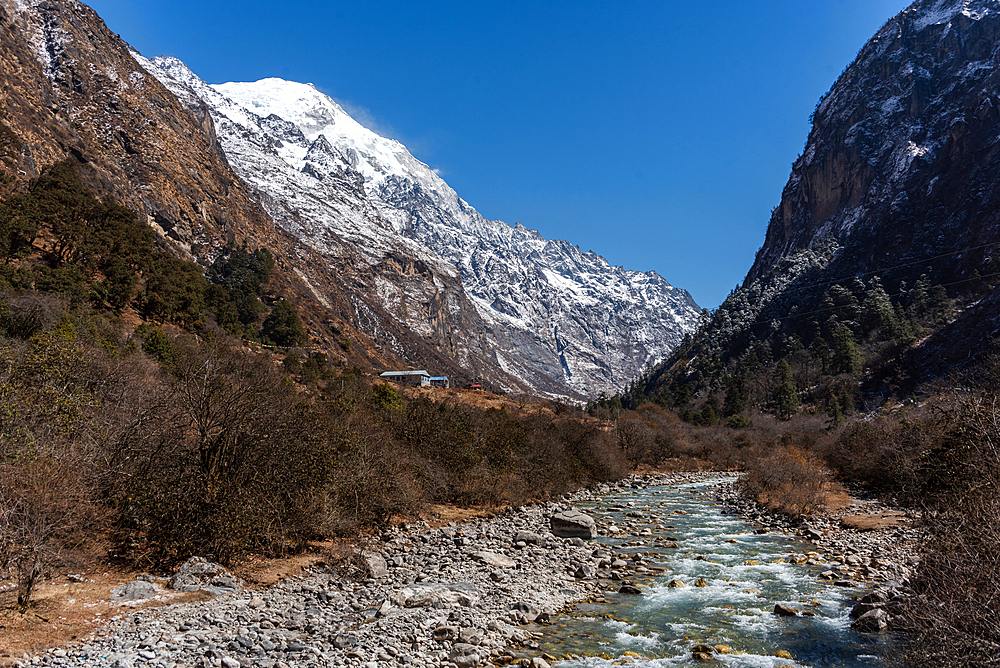 Langtang Khola River meandering through the Valley, Langtang Valley trek, Himalayas, Nepal, Asia