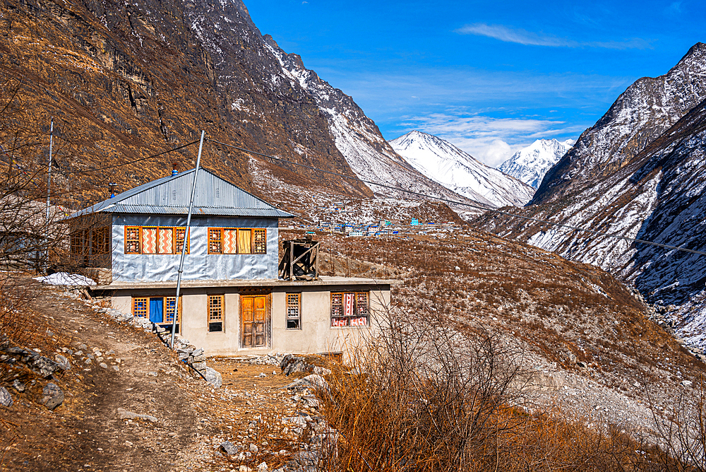 Tserko Ri and Gangchempo towers over a rustic house in the Himalayas, Langtang Valley trek, Himalayas, Nepal, Asia