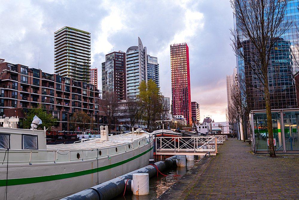 Red Apple and Terraced Tower of Rotterdam in Harbor Gracht of Blaak Rotterdam Wijnhaven, Rotterdam, The Netherlands, Europe