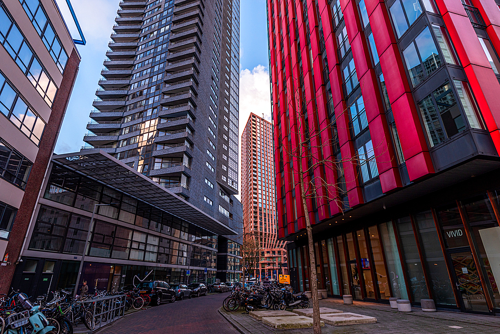 Modern architecture of the Red Apple skyscraper in center of Rotterdam, The Netherlands, Europe