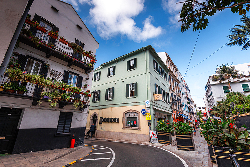 A corner townhouse on Main Street, typical colonial architecture of Gibraltar, Europe