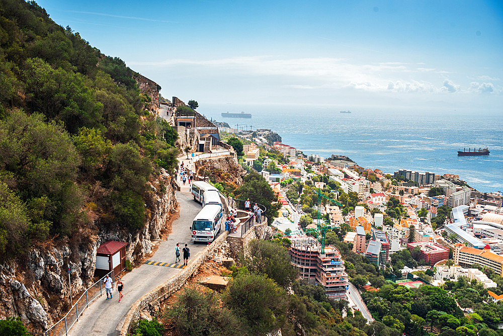 Old Queen's Road on Rock of Gibraltar, overlooking the slope and city underneath facing the Atlantic Ocean, Gibraltar, Europe