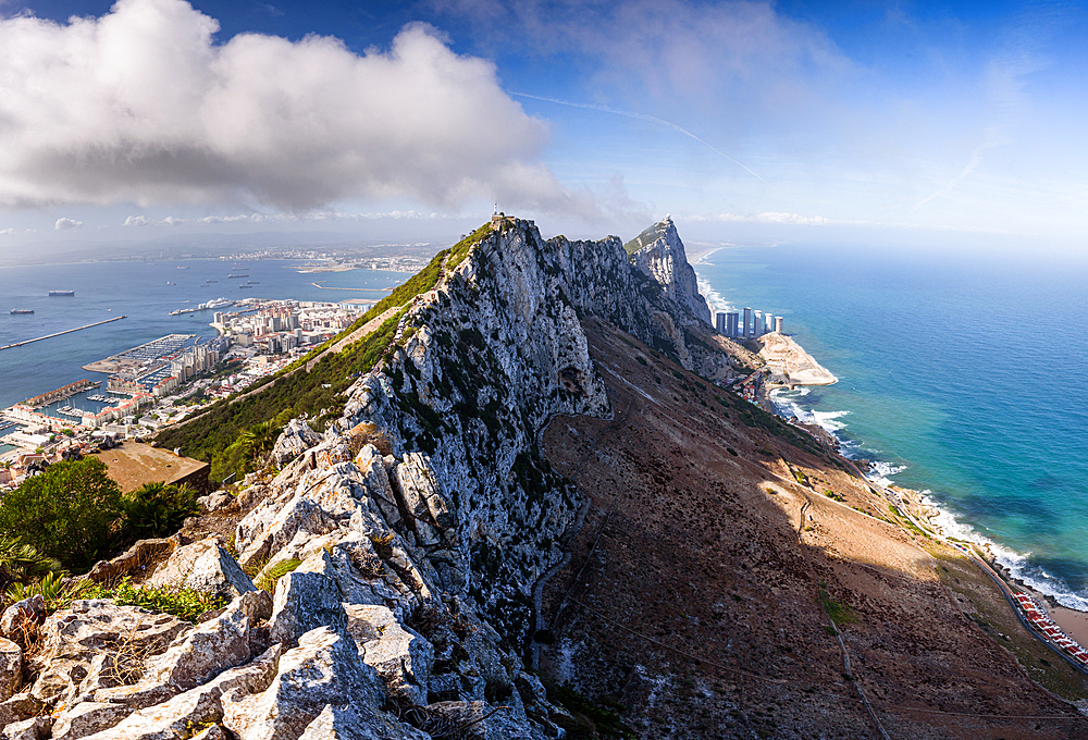 Impressive panoramic view over the Rock of Gibraltar and the peninsula, looking over the white cliffs onto the Mediterranean Sea and mainland Spain, Gibraltar, Europe