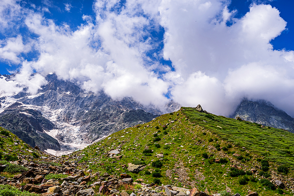 Rock landscape in front of the Mountains, Monte Rosa, Dufourspitze, Italian Alps, Italy, Europe