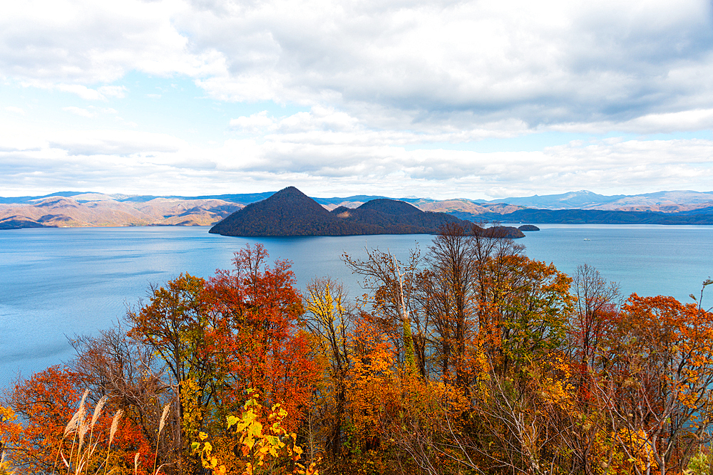 View from above onto Lake Toya and the island inside the crater, in autumn, Abuta, Hokkaido, Japan, Asia