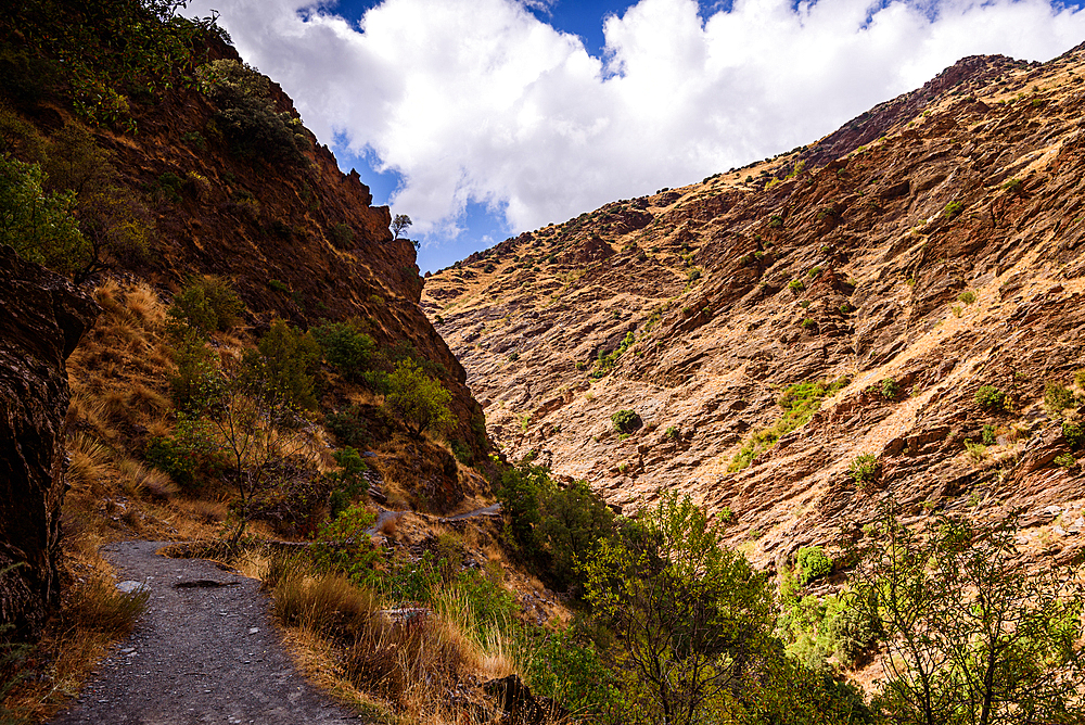 Hiking trail along rugged arid mountain valley of the Sierra Nevada, Andalusia, Spain, Europe