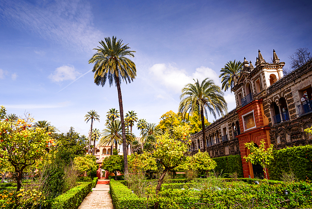 Garden of Alcazar of Sevilla in spring, UNESCO World Heritage Site, Seville, Andalusia, Spain, Europe