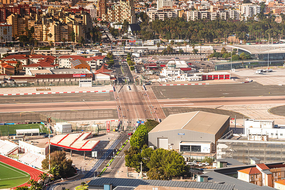 Aerial view of Gibraltar Airport field and Linea de la Concepcion, Gibraltar, Europe