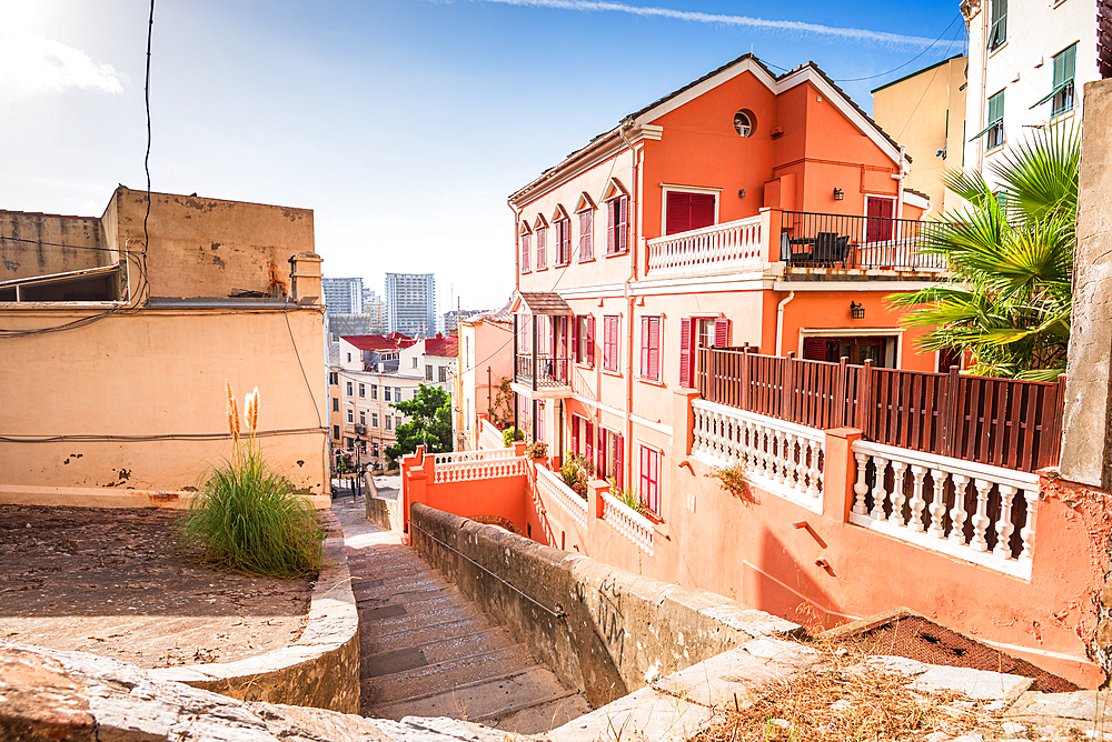 Gibraltar Castle Steps, beautiful residential area on the hill of narrow alleys, Gibraltar, Europe