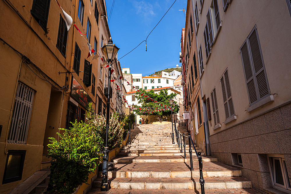 Gibraltar Castle Steps, beautiful residential area on the hill of narrow alleys, Gibraltar, Europe