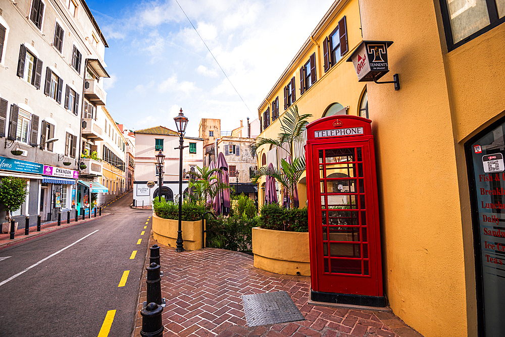 British telephone box, Gibraltar Castle Steps, beautiful residential area on the hill of narrow alleys, Gibraltar, Europe