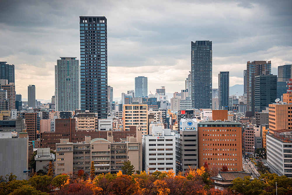 Skyscrapers of Osaka on autumn day, Osaka, Honshu, Japan, Asia