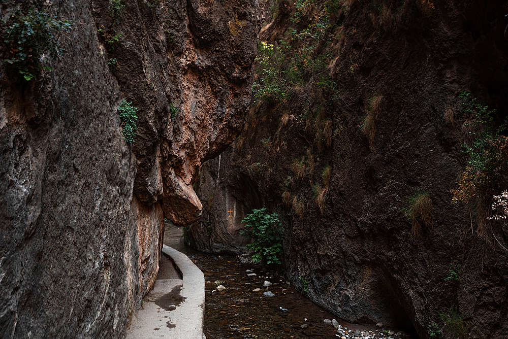 Walking path leading through the gorge of Los Cahorros Monachil, Monachil, Sierra Nevada, Granada, Andalusia, Spain, Europe