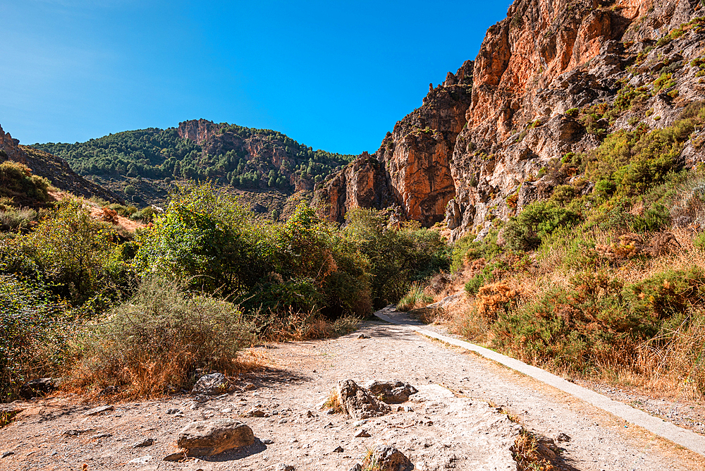 Hiking trail in the arid gorge canyon landscape of Los Cahorros Monachil, Monachil, Sierra Nevada, Granada, Andalusia, Spain, Europe