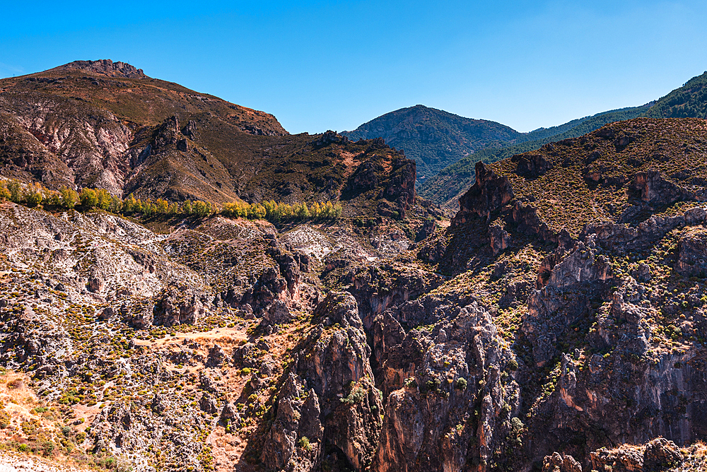 View over the canyon and arid landscape of Los Cahorros Monachil, Monachil, Sierra Nevada, Granada, Andalusia, Spain, Europe