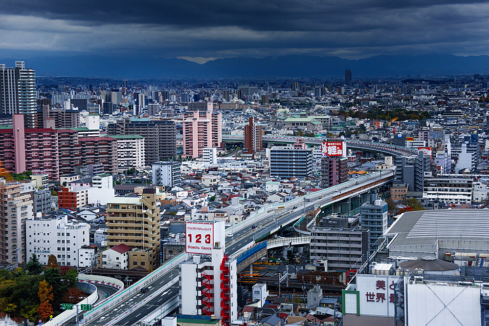 View from Tsutenkaku Tower in the Shinsekai area, of city skyline, Osaka, Honshu, Japan, Asia