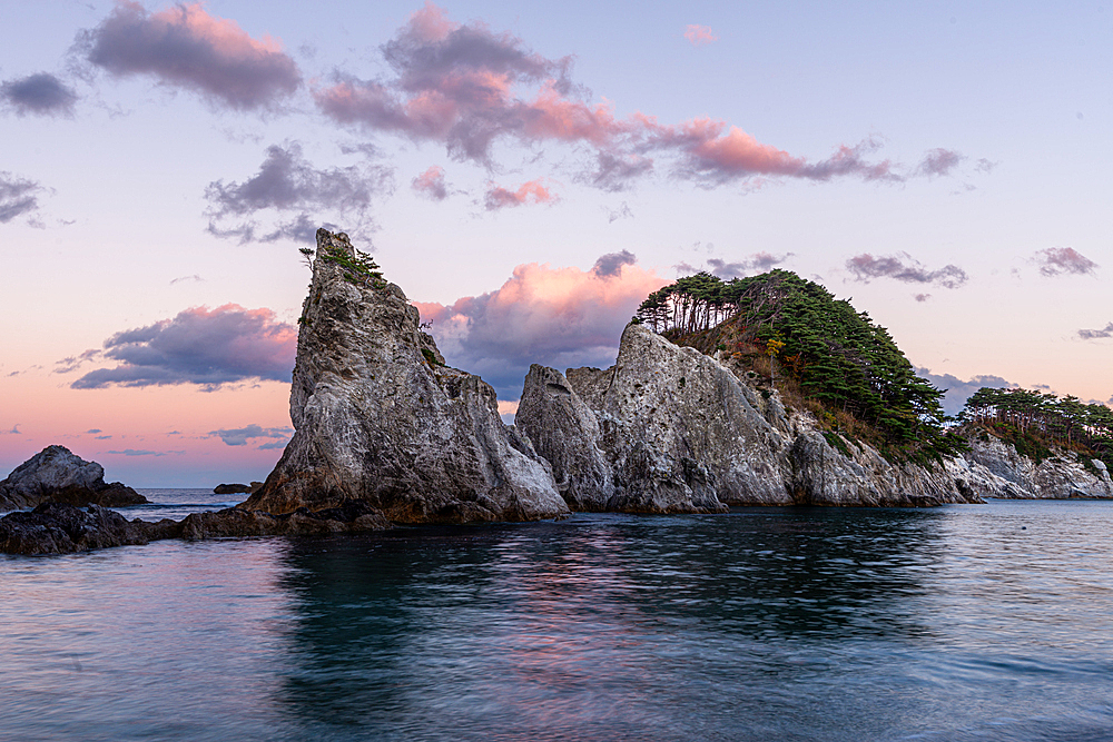 Jodogahama Beach rock formation at sunset light, Miyako Bay, Honshu, Japan, Asia