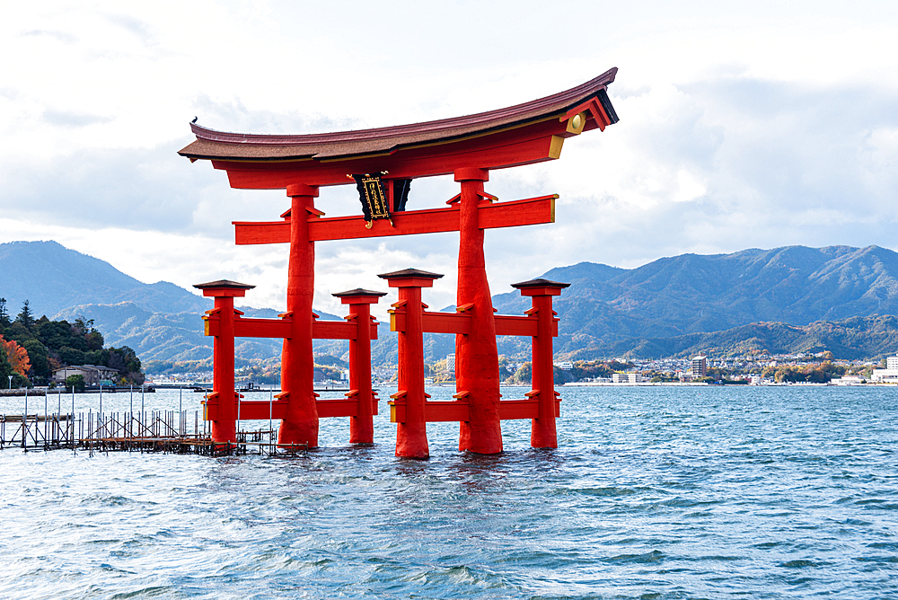 Landmark Otori gate in sea at high tide, Torii Gate of Miyajima, UNESCO World Heritage Site, Hiroshima Prefecture, Honshu, Japan, Asia