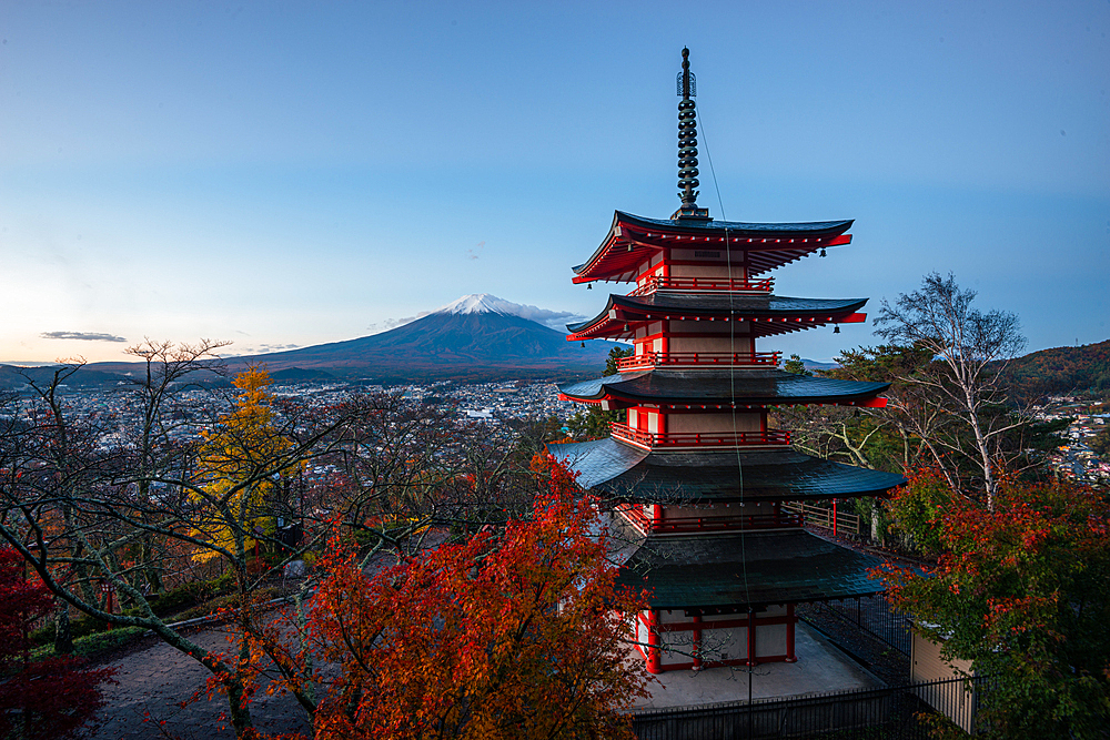 Sunrise at mount Fuji in Autumn. Fujiyoshida Chureito Pagoda Fall leaves iconic landmark Volcano of Japan