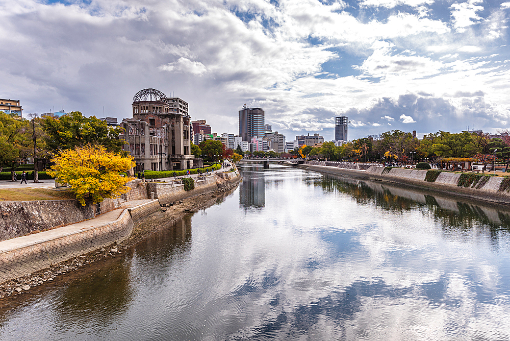 View along the Motoyasu River in Hiroshima, Japan. Autumn at the atomic Bomb memorial.