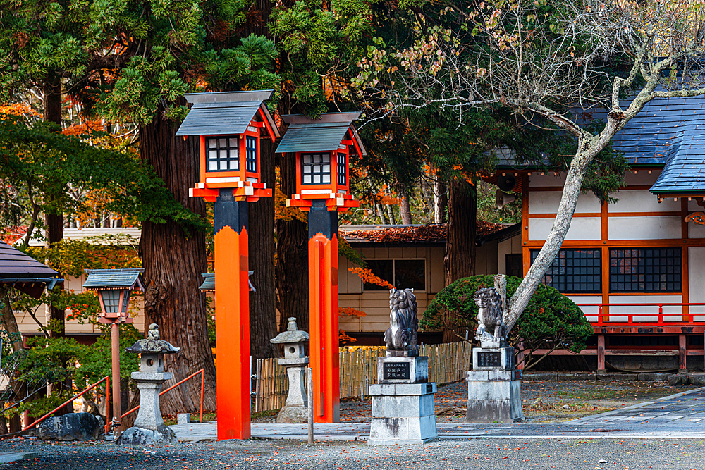 Beautiful red Shinto lanterns at a Shinto Shrine in North Honshu, Japan, Asia