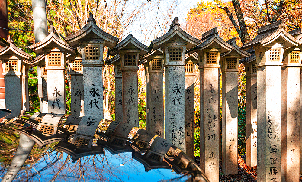 Row of Zen stone lanterns reflecting in water, Yoshino, Honshu, Japan, Asia