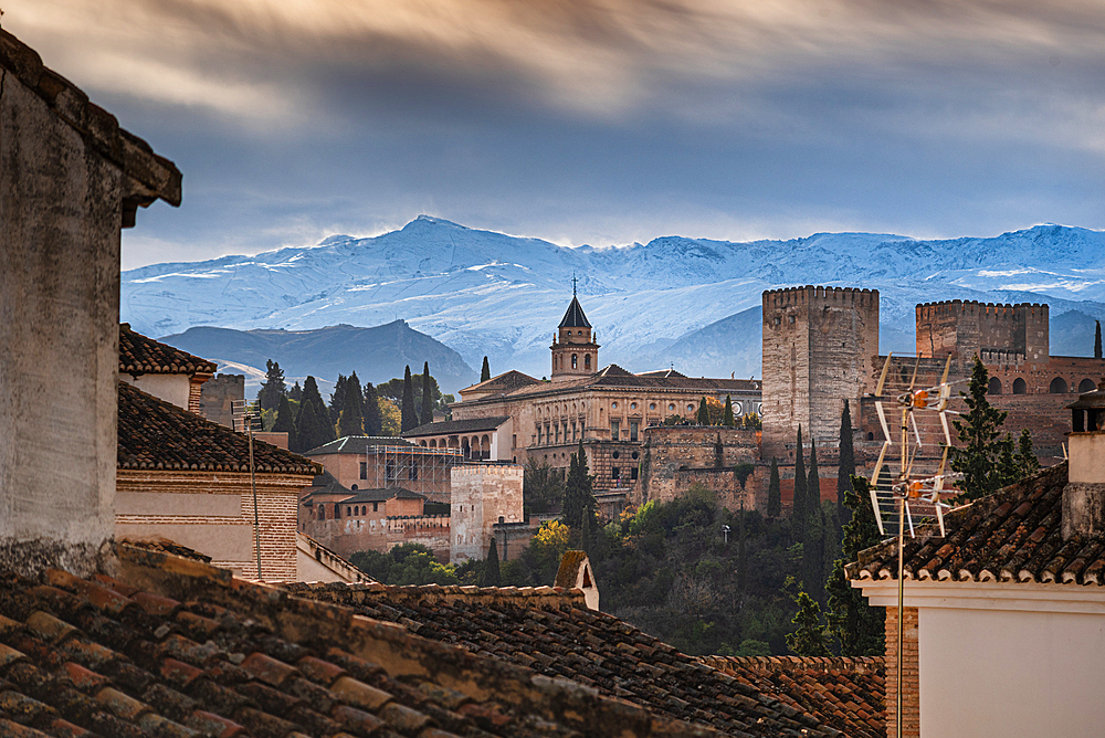 Albaicin roof tops, Alhambra and snowy Sierra Nevada mountains in autumn, Granada, Andalusia, Spain, Europe