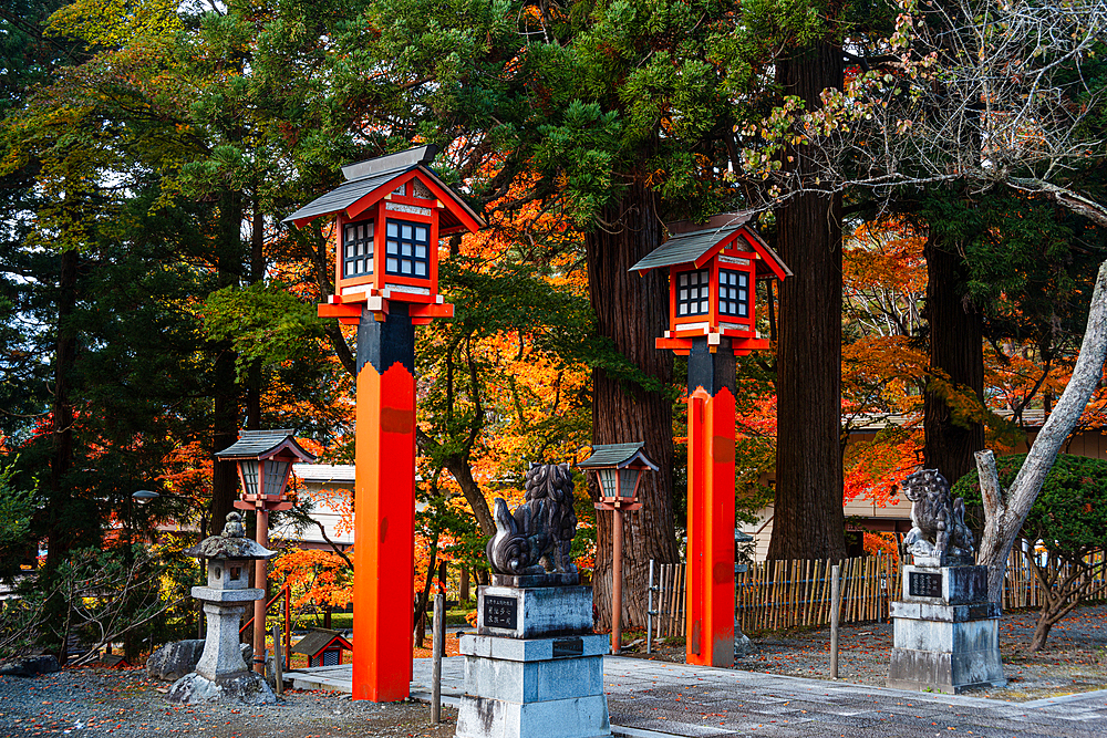 Beautiful red Shinto lanterns at a Shinto Shrine in North Honshu, Japan, Asia