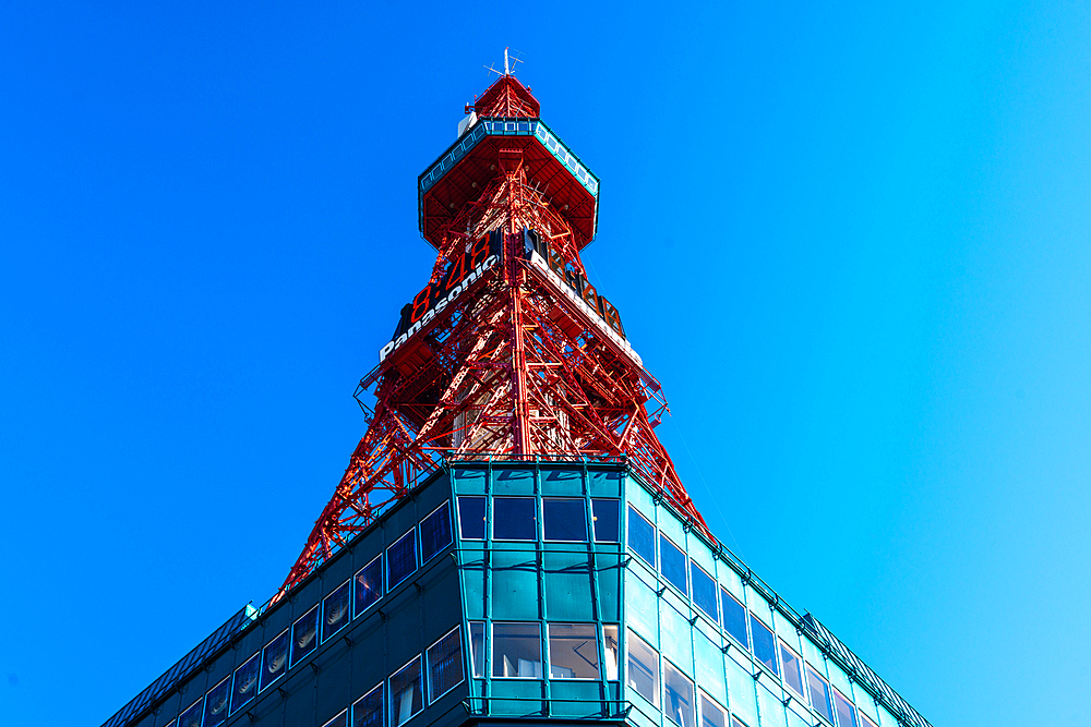 Close up of Sapporo Tower against blue sky, Sapporo, Hokkaido, Japan, Asia