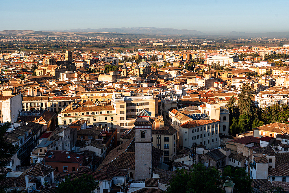 View from Mirador de la Lona at sunrise of skyline of Albaicin, UNESCO World Heritage Site, Granada, Andalusia, Spain, Europe