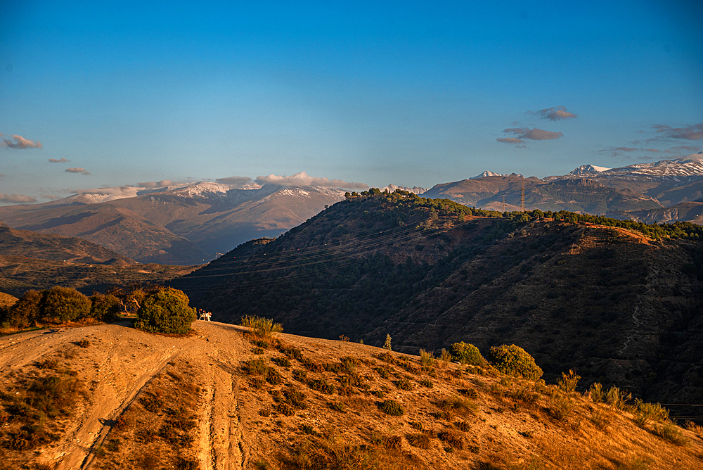 Sunset at the arid hill landscapes in front of the Snowy Sierra Nevada. View from Albaicin, Granada, Andalucia, Spain