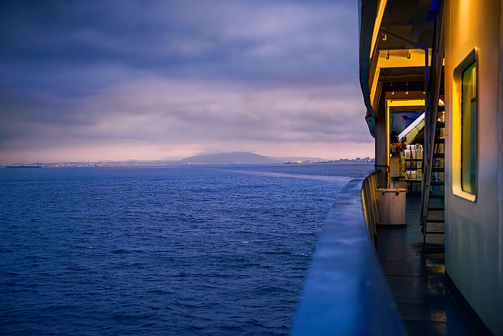 Sunrise view from a ferry crossing the Strait of Gibraltar from Spain to Morocco