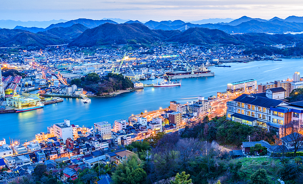 Skyline of Onomichi during blue hour, Onomichi, Honshu, Japan, Asia