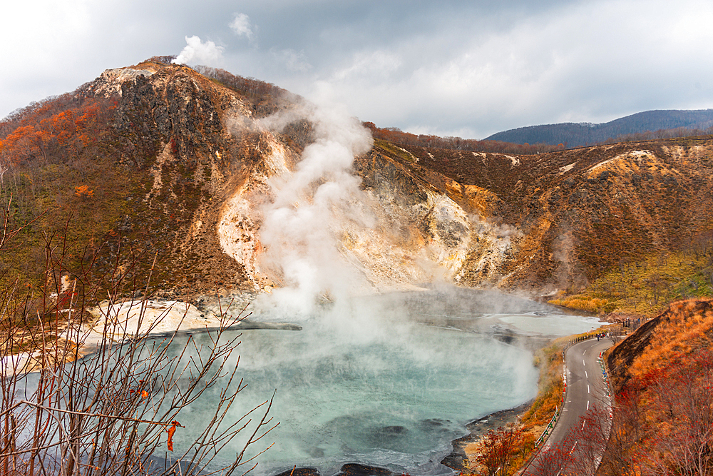 Mount Hiyori rises above Oyunuma Lake in Hell Valley, Noboribetsu, Hokkaido, Japan, Asia