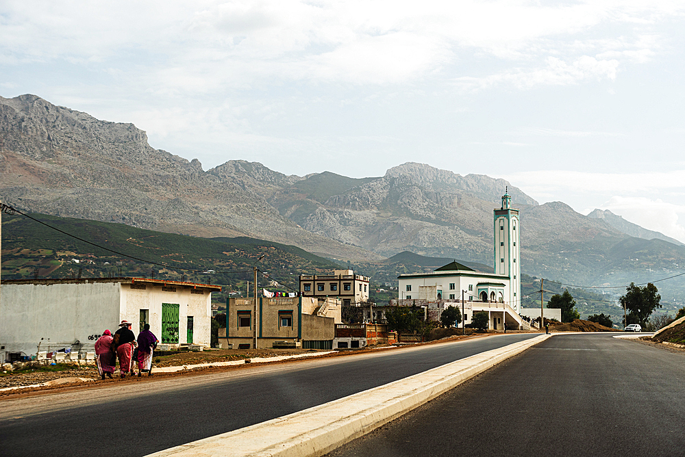 White mosque in a small town in the Riff mountains, Morocco