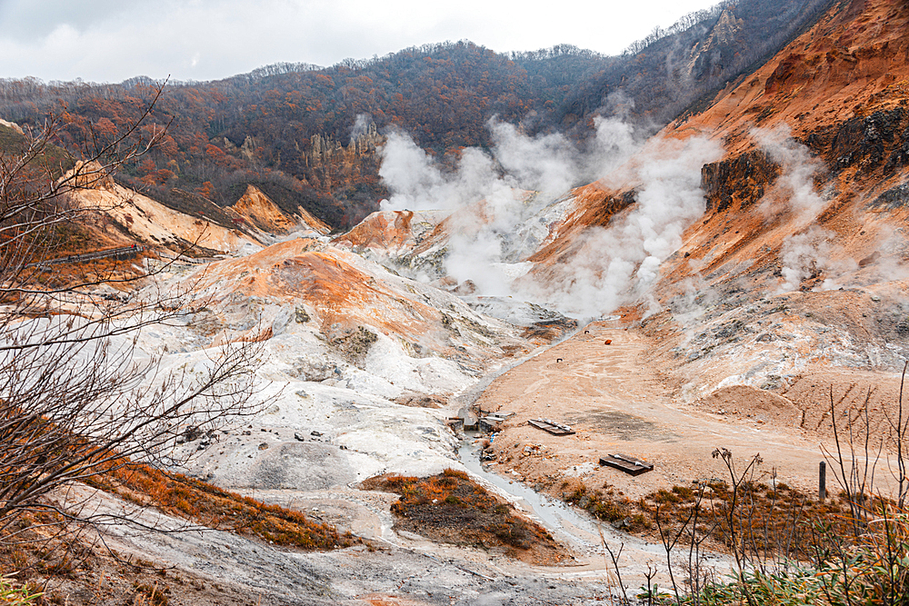 Steaming volcano of Hell Valley, Noboribetsu, Hokkaido, Japan, Asia