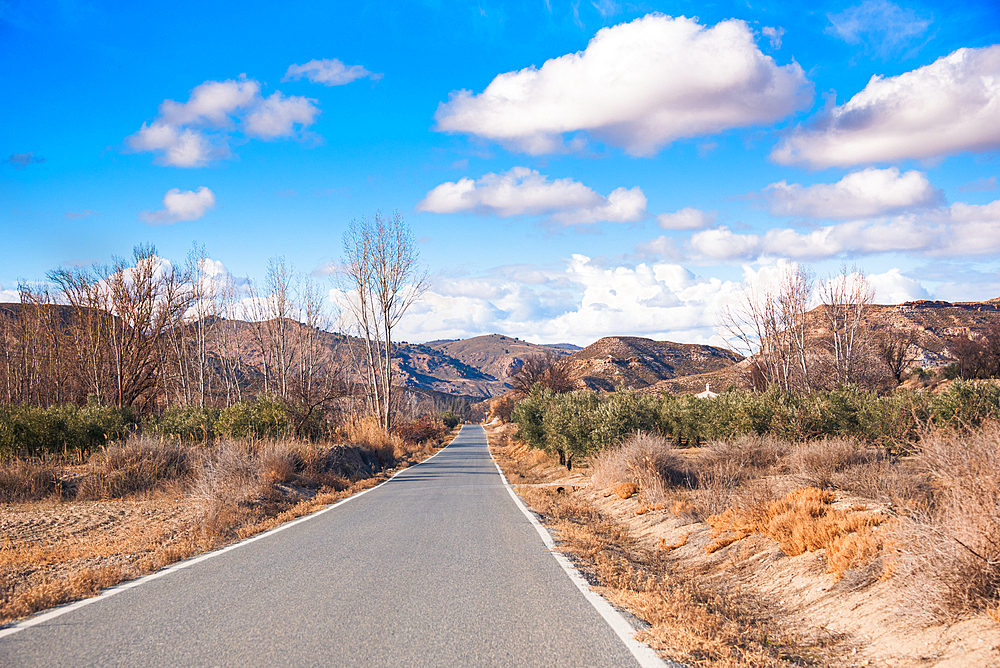 Long, straight rural road surrounded by dry fields and hills, under a vibrant blue sky with scattered white clouds. spanish country side