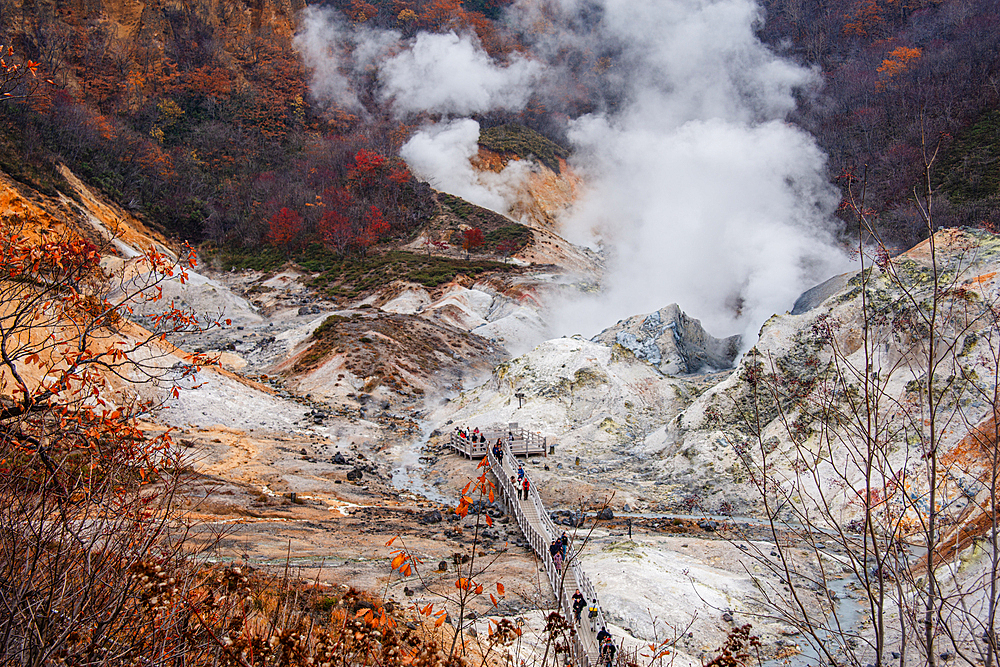 Pathway through steaming Sulphur pits, Hell Valley, Shikotsu-Toya National Park, Noboribetsu, Hokkaido, Japan, Asia