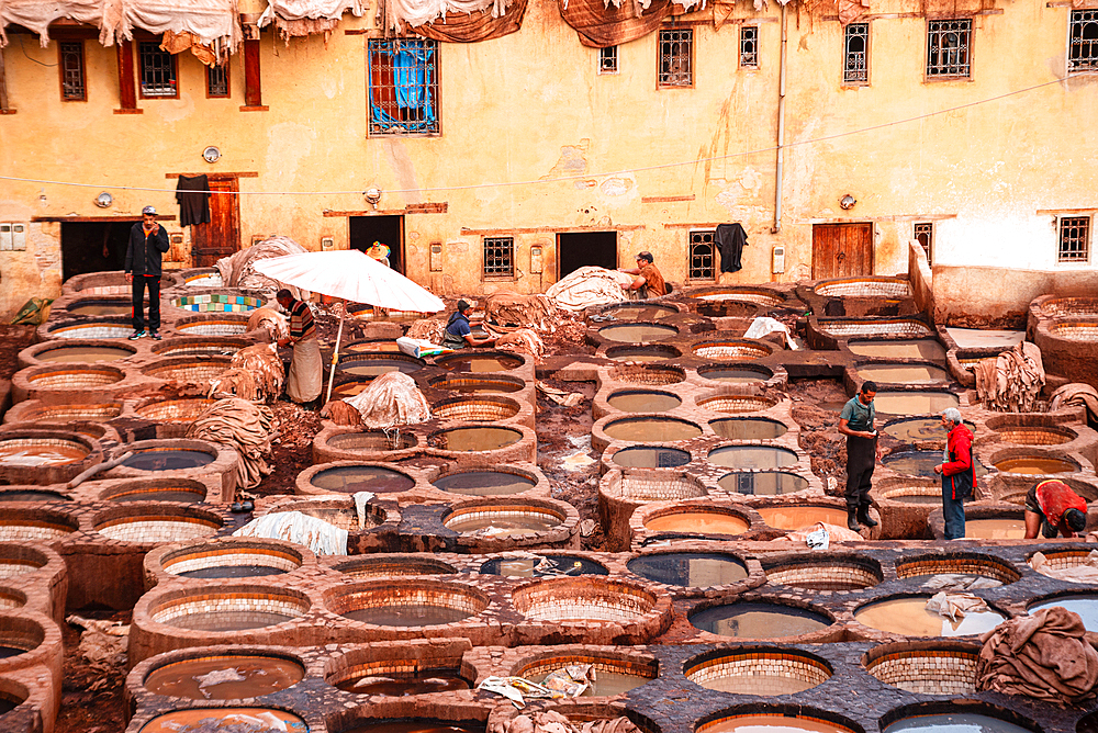 Rows of dye-filled stone basins in a traditional leather tannery in Fes, Morocco, showcasing intricate tanning methods and craftsmanship.