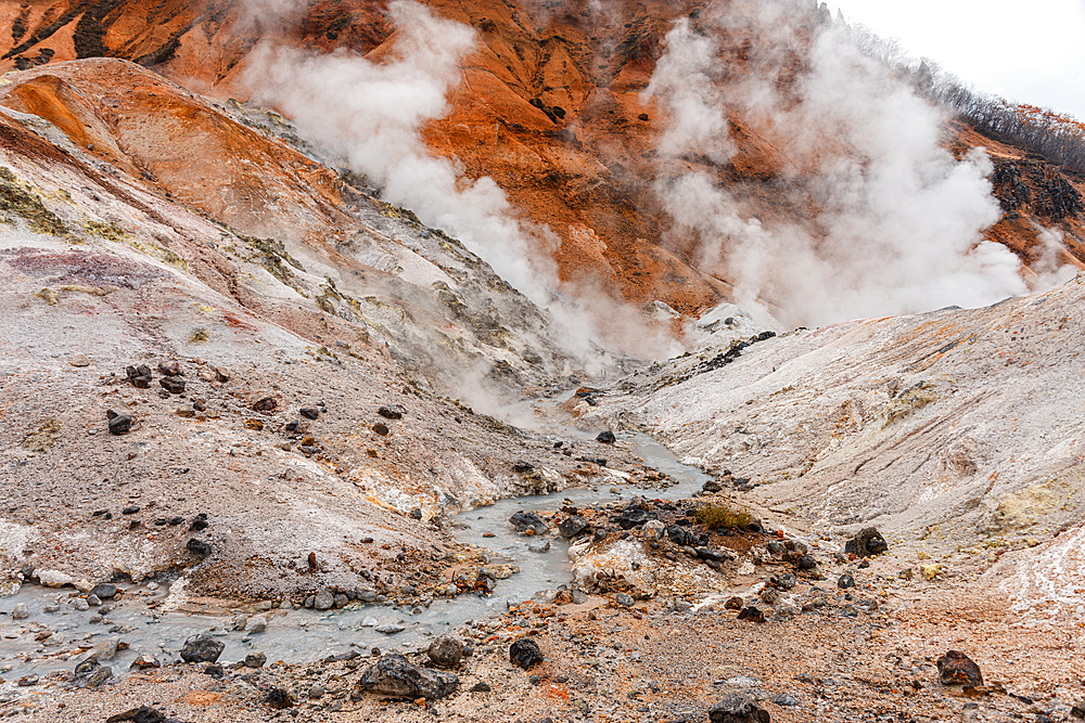 Close-up view of the Hell Valley volcano, Noboribetsu, Hokkaido, Japan, Asia