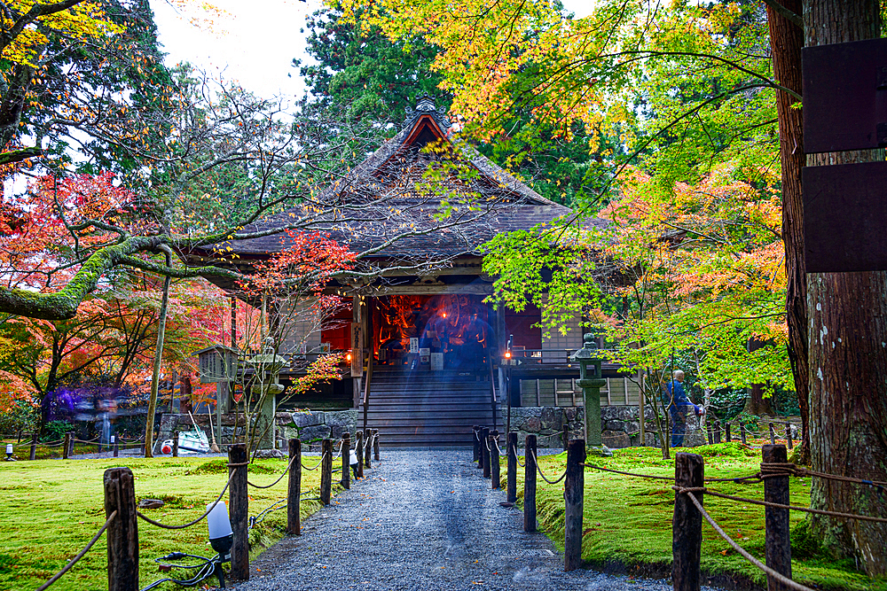 A tranquil pathway leading to Sanzen-in Temple, surrounded by vibrant autumn foliage and moss-covered grounds in Kyoto, Japan.