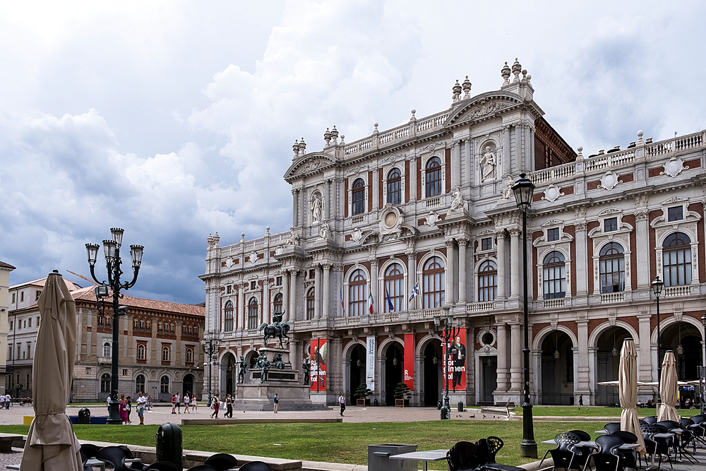 View of the 19th century rear facade of the Palazzo Carignano, UNESCO World Heritage Site, housing the Museum of the Risorgimento, Piazza Carlo Alberto, Turin, Piedmont, Italy, Europe