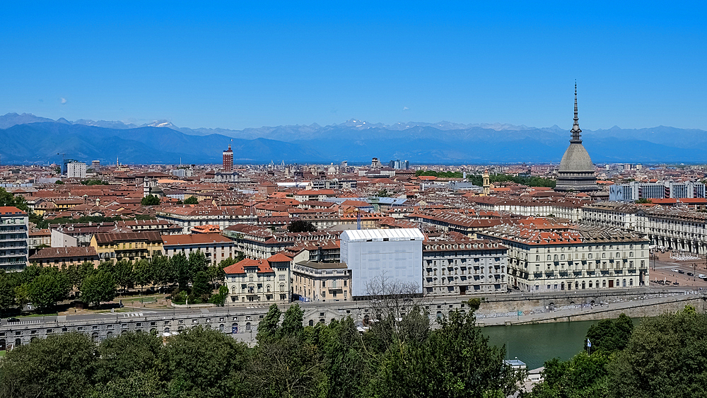 Cityscape from the Monte dei Cappuccini, a hill rising about 200 meters from the right bank of the River Po, in the Borgo Po district, Turin, Piedmont, Italy, Europe