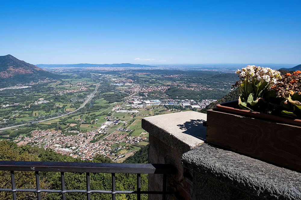 View of the City of Turin from the Sacra di San Michele, (Saint Michael's Abbey), on Mount Pirchiriano, on south side of the Val di Susa, municipality of Sant'Ambrogio di Torino, Metropolitan City of Turin, Piedmont, Italy, Europe