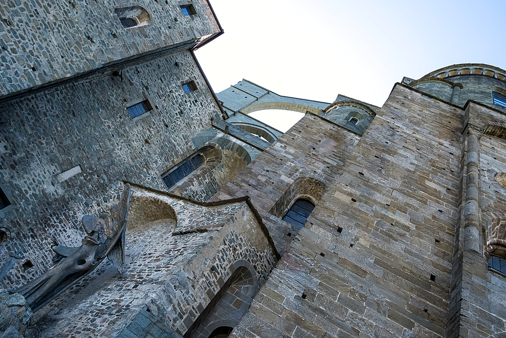 Architectural detail of the Sacra di San Michele, (Saint Michael's Abbey), a religious complex on Mount Pirchiriano, on south side of the Val di Susa, municipality of Sant'Ambrogio di Torino, Metropolitan City of Turin, Piedmont, Italy, Europe