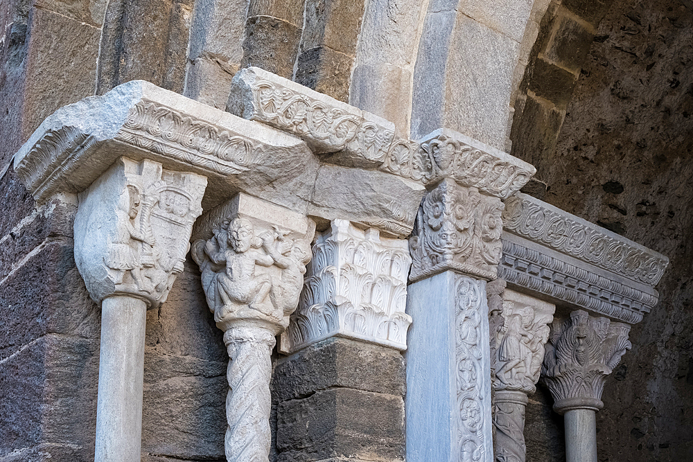 Architectural detail of the Sacra di San Michele, (Saint Michael's Abbey), a religious complex on Mount Pirchiriano, on south side of the Val di Susa, municipality of Sant'Ambrogio di Torino, Metropolitan City of Turin, Piedmont, Italy, Europe