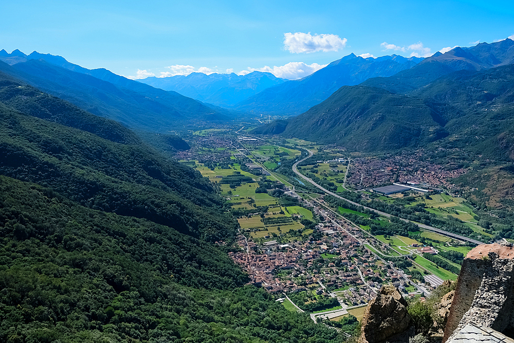 Landscape from the Sacra di San Michele, (Saint Michael's Abbey), a religious complex on Mount Pirchiriano, on south side of the Val di Susa, municipality of Sant'Ambrogio di Torino, Metropolitan City of Turin, Piedmont, Italy, Europe