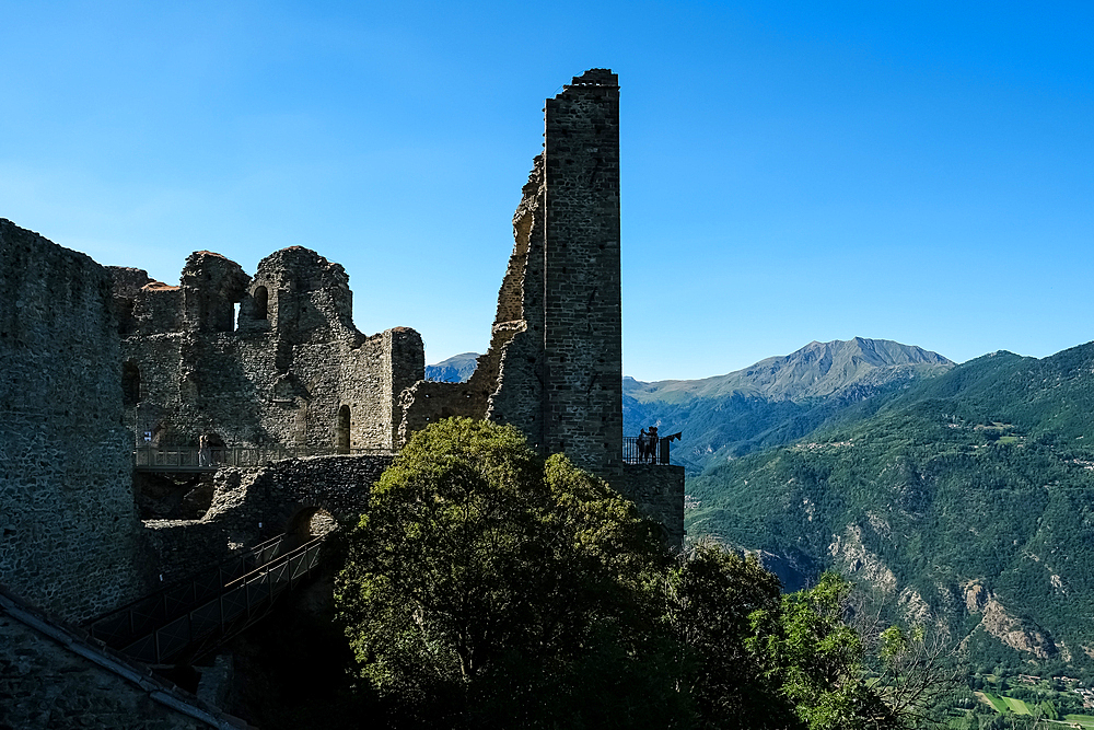 Detail of Sacra di San Michele, a religious complex on Mount Pirchiriano in Val di Susa, with mountains in the background, Sant'Ambrogio di Torino, Metropolitan City of Turin, Piedmont, Italy, Europe