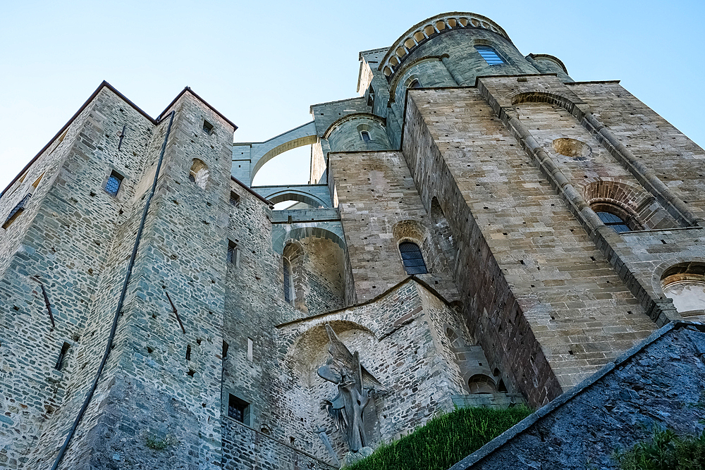 Detail of the Sacra di San Michele (Saint Michael's Abbey), a religious complex on Mount Pirchiriano, on the south side of the Val di Susa, municipality of Sant'Ambrogio di Torino, Metropolitan City of Turin, Piedmont, Italy, Europe